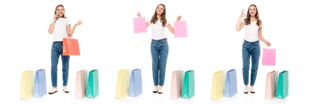 collage di giovane donna parlando su smartphone e mostrando segno ok vicino shopping bags isolato su bianco  - Foto, immagini