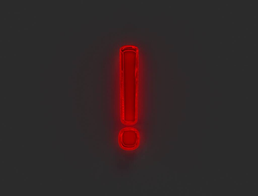 Red glossy neon light glassy font - punto esclamativo isolato su grigio, illustrazione 3D di simboli - Foto, immagini