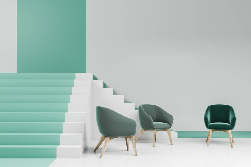 Εσωτερικό μινιμαλιστικό σαλόνι με λευκούς και πράσινους τοίχους, τσιμεντένιο δάπεδο, πράσινες πολυθρόνες και σκάλες. 3d απόδοση - Φωτογραφία, εικόνα