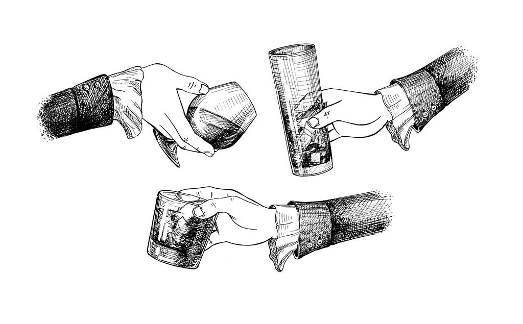 Vektori kuva naisten kädet eri lasit. Pitkä juoma, viski, konjakki tai bourbon lasi. Miten pitää oikea etiketti. Vintage käsin piirretty kaiverrus tyyli. - Vektori, kuva