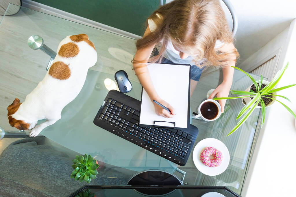 Mädchen sitzt an einem Glastisch mit Computer, hält einen Stift über ein leeres weißes Papier, ein Hund liegt in der Nähe, Donut und Kaffee. Home Office, Fernstudium, Fernarbeit. Frühstück am Arbeitsplatz. Ansicht von oben - Foto, Bild