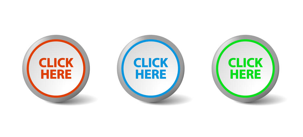 Нажмите ЗДЕСЬ, чтобы нажать на иконку с цветовыми кнопками для веб-сайта с тенью. Иллюстрация бизнес-вектора. - Вектор,изображение