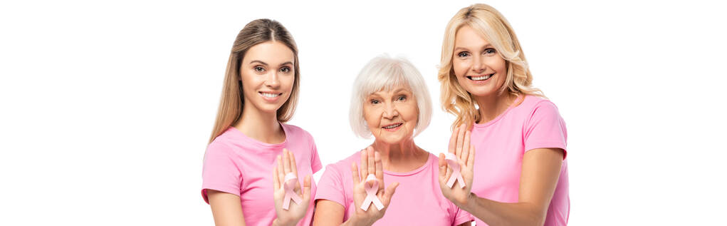 Website header of women looking at camera while showing pink ribbons isolated on white - Photo, Image