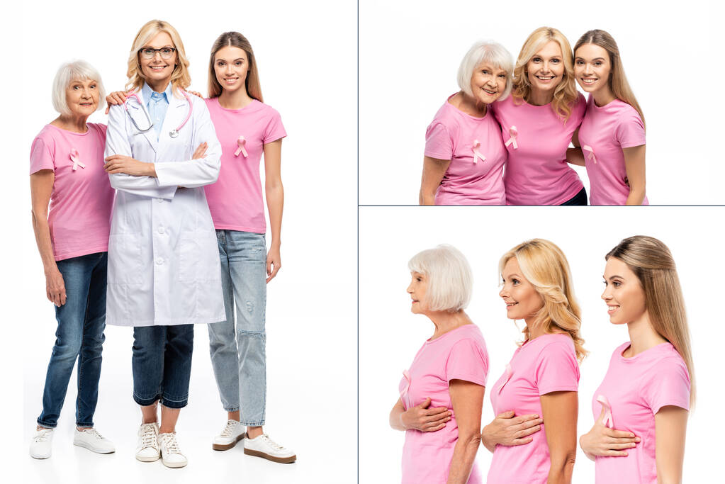 Collage de mujeres con cintas de color rosa en camisetas de pie cerca del médico sobre fondo blanco - Foto, imagen