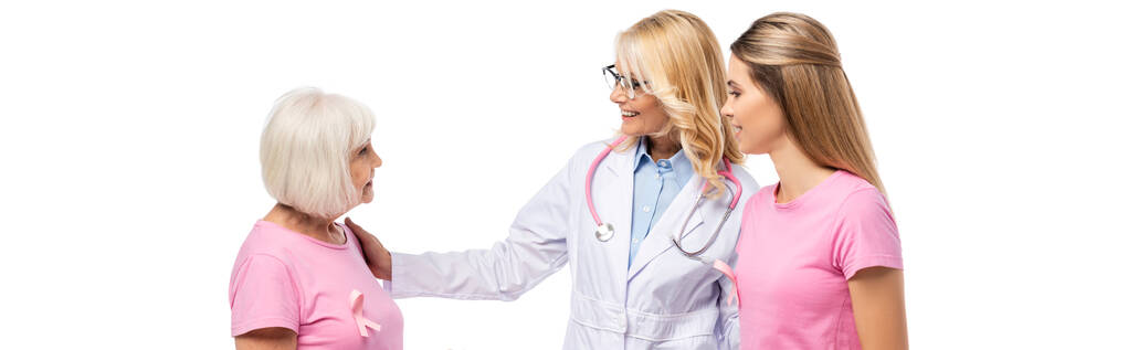 Заголовок сайту лікаря, який дивиться на жінку з рожевою стрічкою на футболці ізольовано на білому
 - Фото, зображення