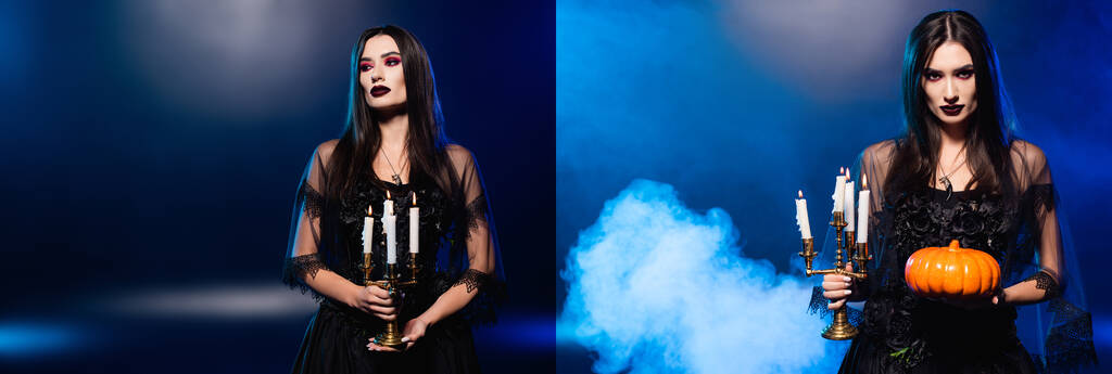 collage of woman with black makeup holding pumpkin and candles on blue with smoke, halloween concept - Photo, Image