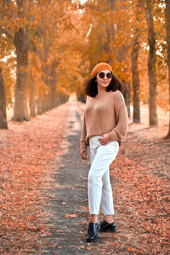 秋の公園の黄色いベレー帽の豪華な女の子 - 写真・画像