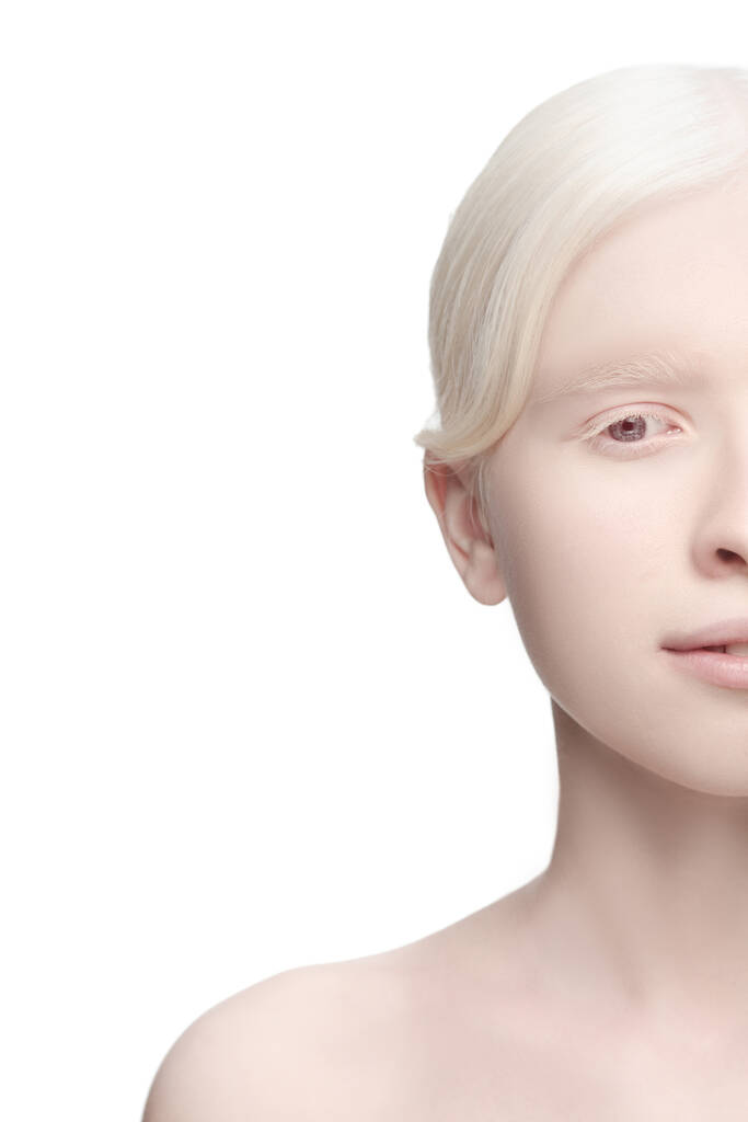 Portrait de belle femme albinos isolée sur fond de studio blanc. Beauté, mode, soins de la peau, concept cosmétique. - Photo, image