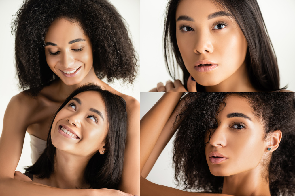 collage de feliz africano americano y asiático mujeres mirando uno al otro aislado en blanco - Foto, imagen