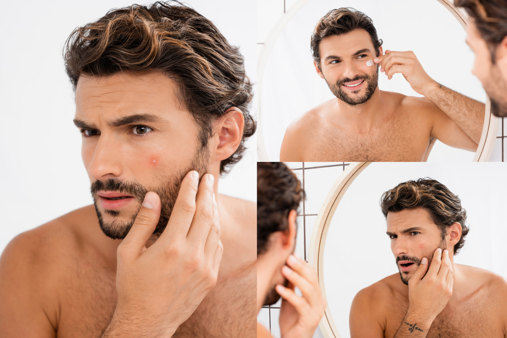 Колаж без сорочки чоловіка з прищами, що наносить крем для обличчя у ванній
  - Фото, зображення