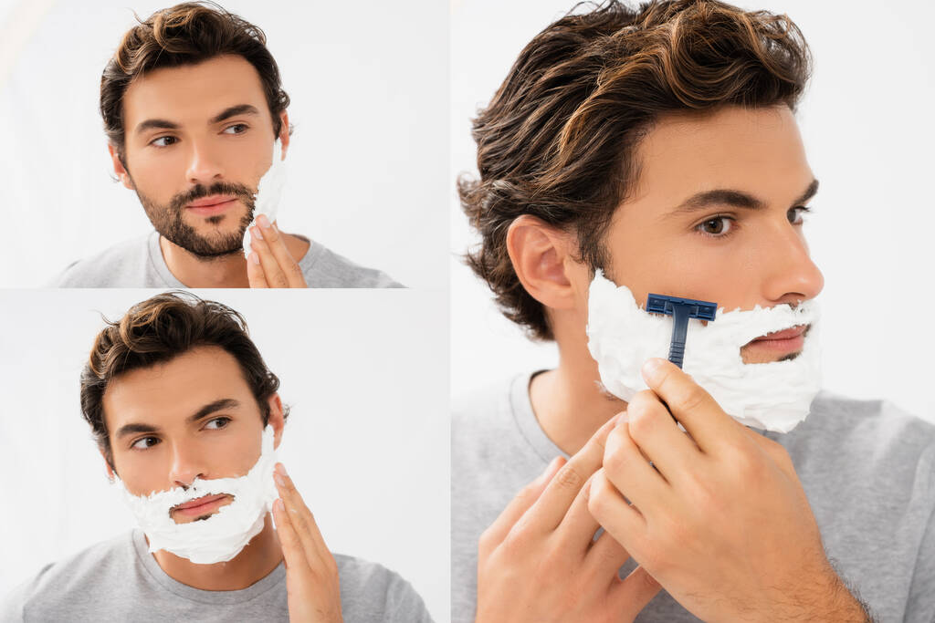 Collage of young man applying foam and shaving with razor isolated on grey  - Photo, Image