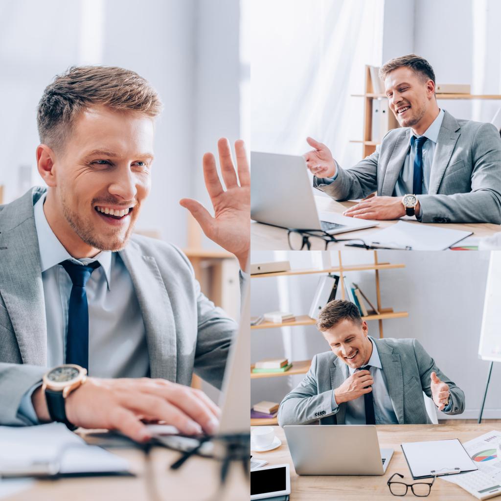 オフィスの新聞の近くのノートパソコンでビデオ通話をしている笑顔のビジネスマンのコラージュ - 写真・画像