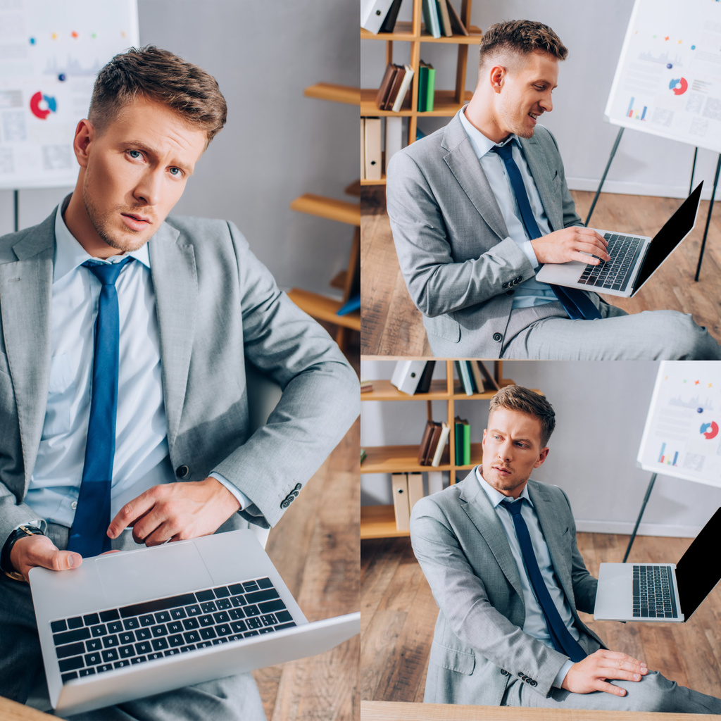 Collage de hombre de negocios pensativo y sonriente utilizando el ordenador portátil en la oficina  - Foto, imagen