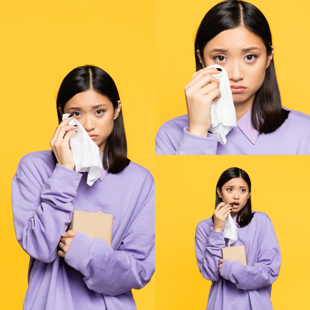 collage de triste asiatique femme tenant boîte de tissu et serviette tout en pleurant isolé sur jaune  - Photo, image