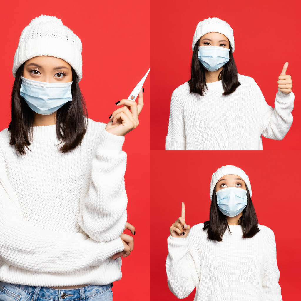 collage de mujer asiática en sombrero y máscara médica sosteniendo termómetro digital, mostrando el pulgar hacia arriba y señalando con los dedos aislados en rojo  - Foto, imagen