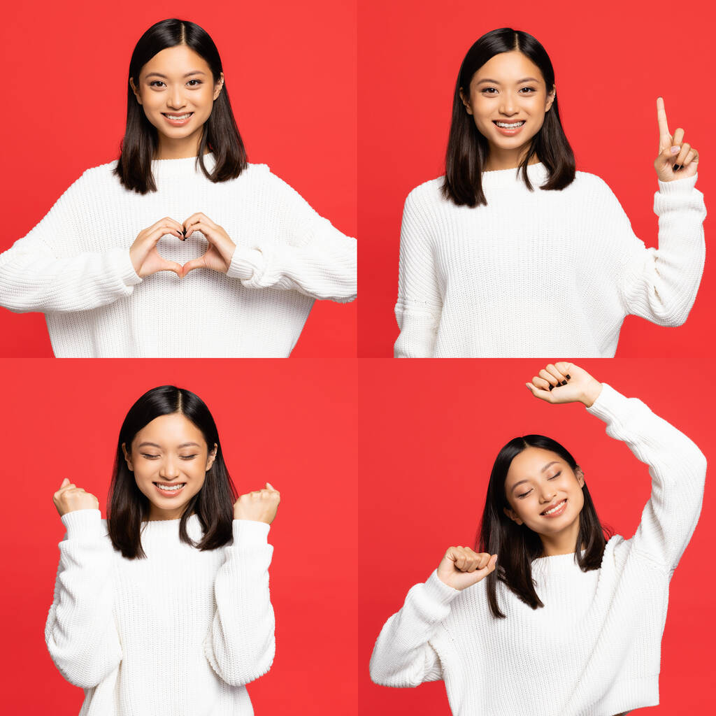 kolaż szczęśliwy azjatycki kobieta pokazując serce znak z rąk, wskazując palcem, radując się i uśmiechając odizolowany na czerwono  - Zdjęcie, obraz