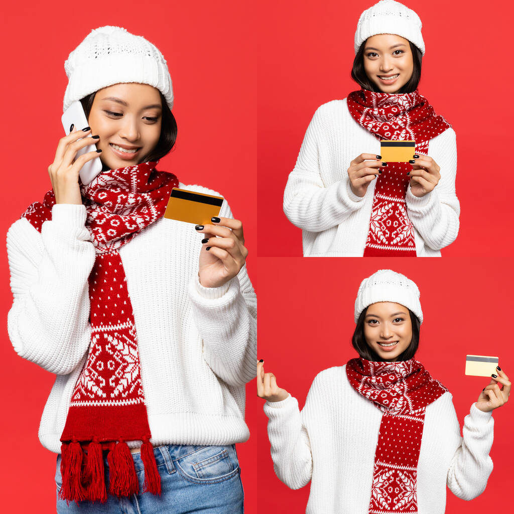 colagem de asiático mulher falando no smartphone e segurando cartão de crédito ao mostrar dinheiro gesto isolado no vermelho  - Foto, Imagem