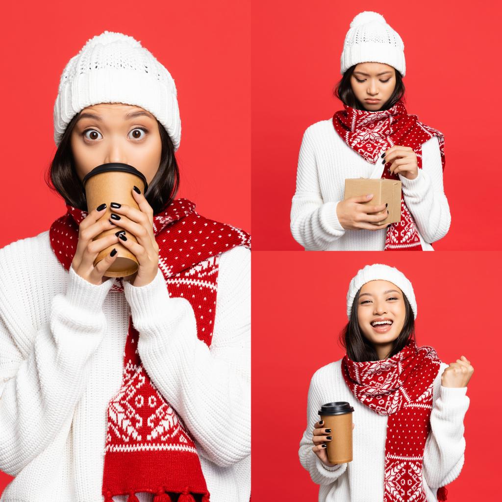 conmocionada mujer asiática en sombrero y bufanda bebiendo café para llevar, sintiéndose molesta y sosteniendo la caja de tejido aislada en rojo  - Foto, Imagen