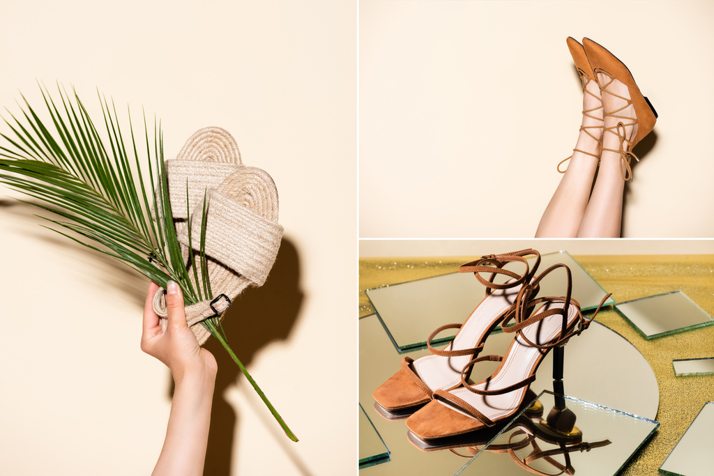 κολάζ γυναικείων ποδιών σε καφέ παπούτσια και σανδάλια σε μπεζ φόντο - Φωτογραφία, εικόνα