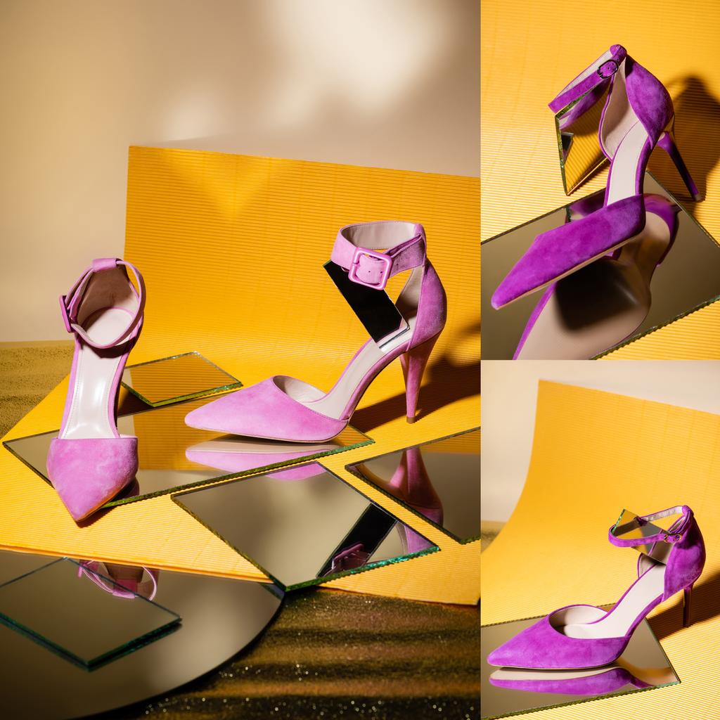collage of elegant violet suede heeled shoes on mirror and yellow paper - Photo, Image