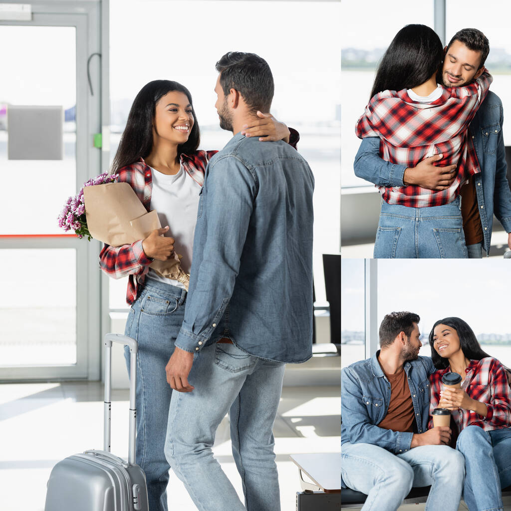 colagem de mulher americana africana feliz com flores embrulhadas, abraçando namorado e segurando copos de papel no aeroporto  - Foto, Imagem