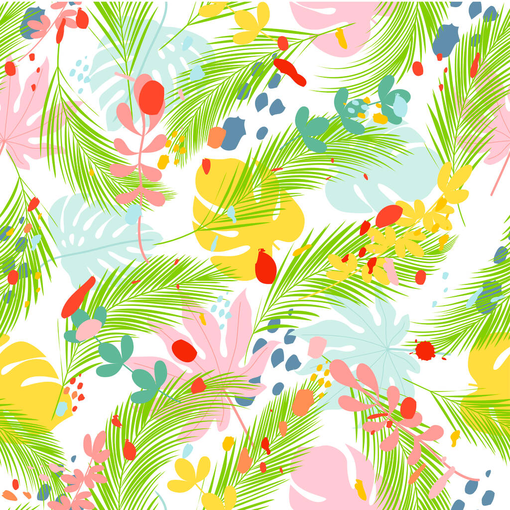 Modello senza cuciture con palma e foglie tropicali e macchie di vernice su sfondo bianco. Camicia hawaiana con motivo a foglia tropicale. Illustrazione vettoriale - Vettoriali, immagini