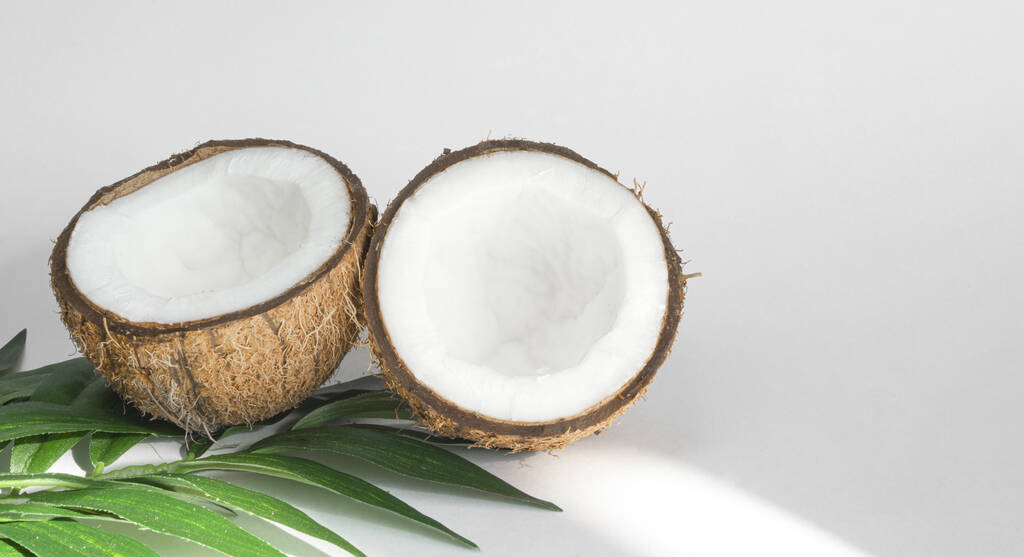 Kaksi puolikasta kookospähkinää ja trooppisia lehtiä valkoisella pohjalla. Terveellistä ruokaa. Kopioi tila - Valokuva, kuva