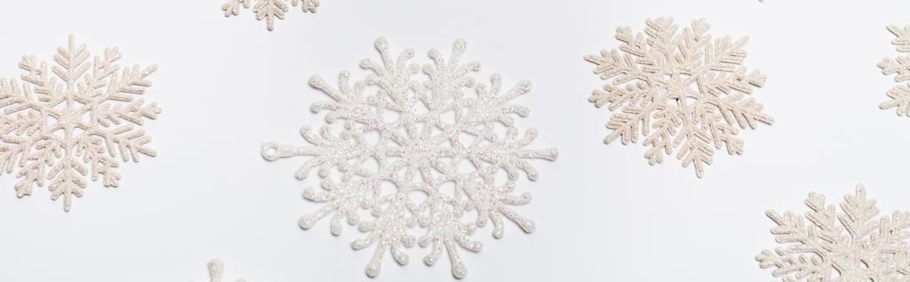 kompozycja z płatkami śniegu zimowego na białym tle, baner - Zdjęcie, obraz