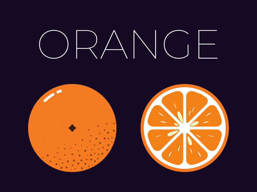 Vetor de laranja e metade cortada de laranja sobre fundo escuro - Vetor, Imagem