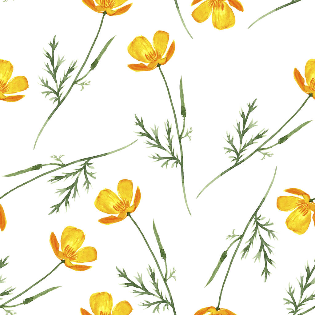 seamless pattern with watercolor drawing californian poppy - Photo, Image