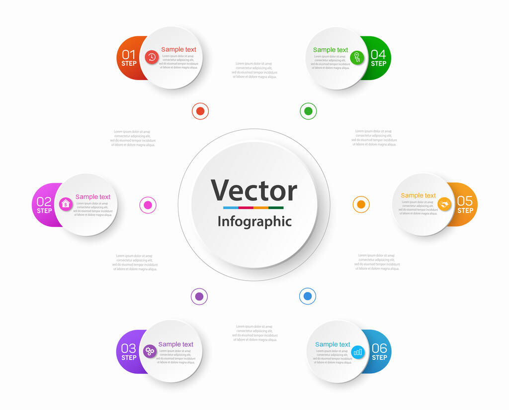 Plantilla de infografía vectorial moderna con 6 pasos para el negocio. Se puede utilizar para el diseño del flujo de trabajo, diagrama, informe anual, diseño web. Elemento conceptual con 6 opciones o procesos   - Vector, imagen