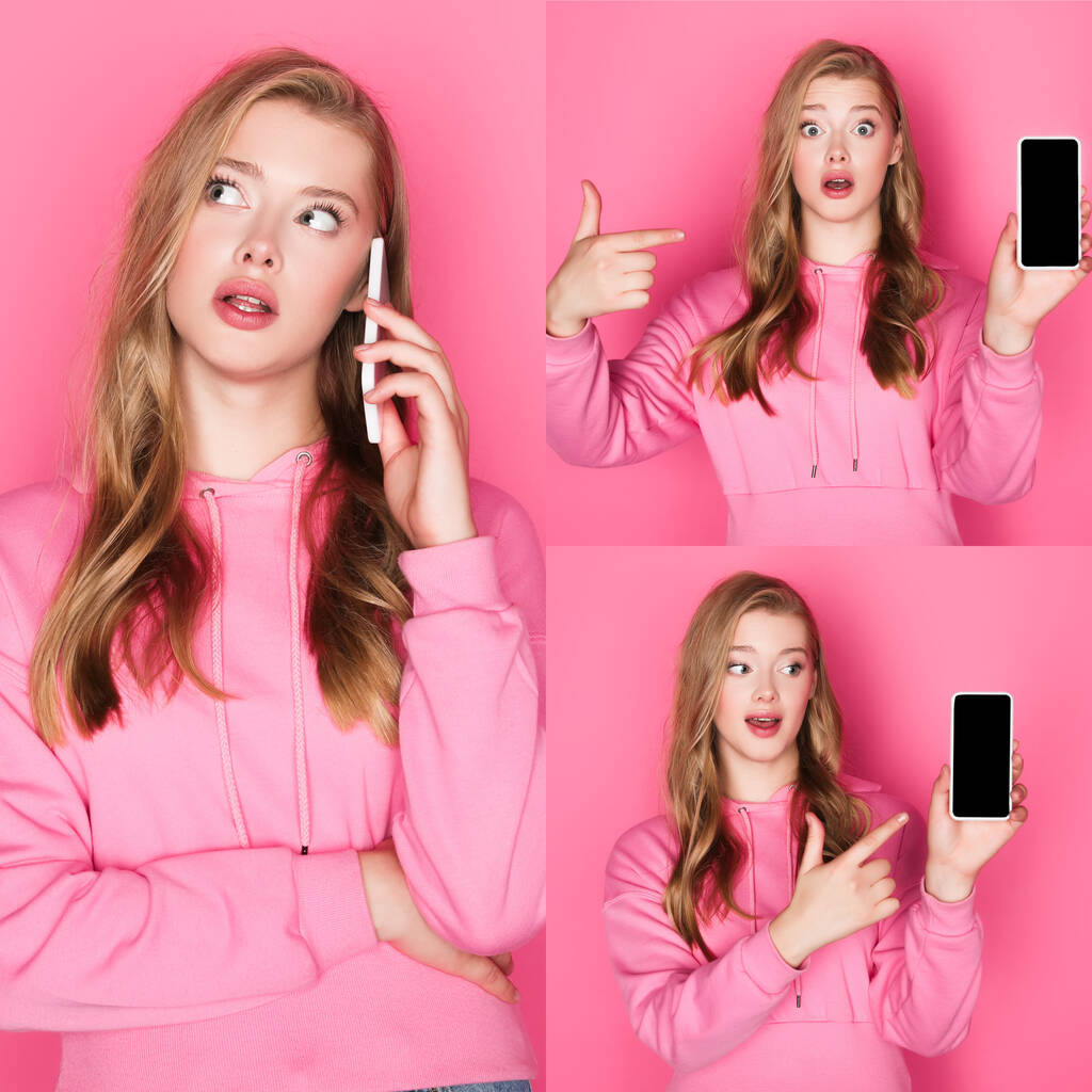 collage van mooie vrouw in hoodie met smartphone op roze achtergrond - Foto, afbeelding