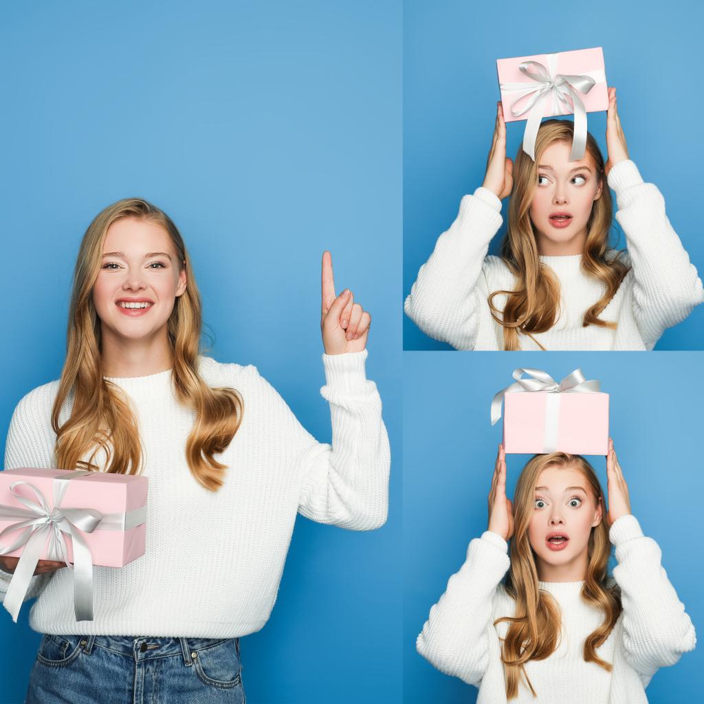 Collage von blonden schönen Frau mit Geschenkbox isoliert auf blauem Hintergrund - Foto, Bild