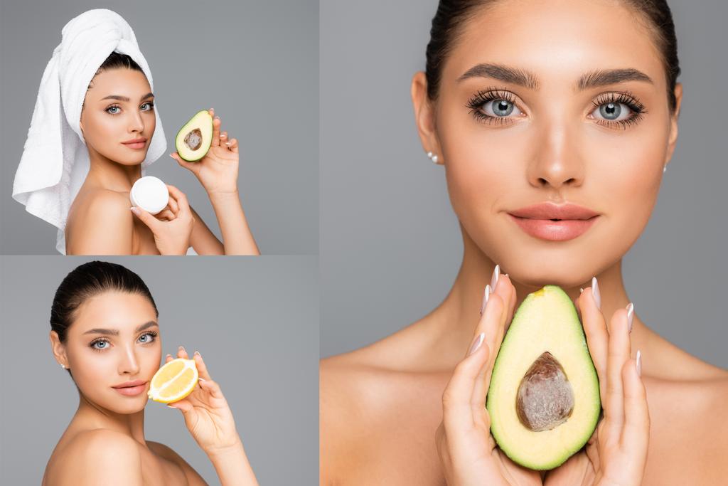 collage of woman with lemon, avocado and cosmetic cream isolated on grey - Photo, Image