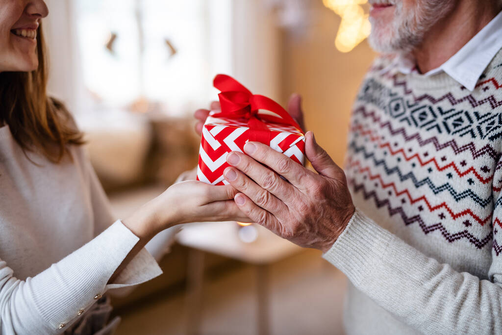 Αγνώριστη νεαρή γυναίκα δίνει δώρο στον παππού σε εσωτερικούς χώρους στο σπίτι τα Χριστούγεννα. - Φωτογραφία, εικόνα