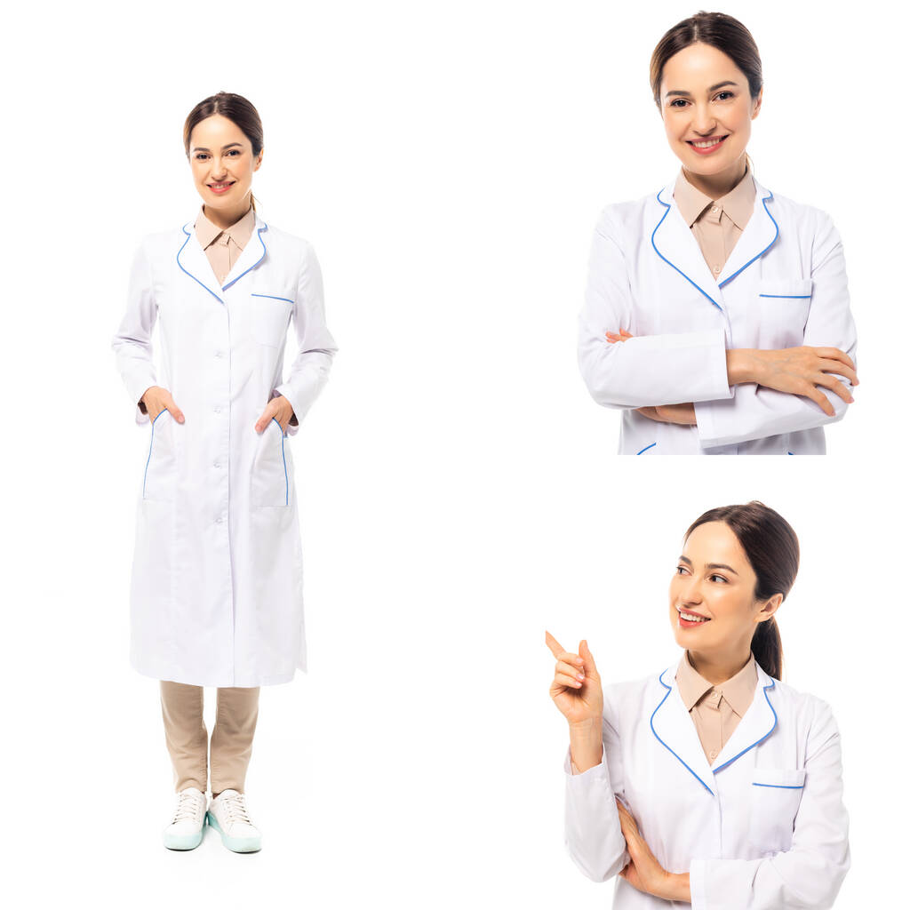 Collage eines lächelnden Arztes, der mit dem Finger auf Weiß zeigt - Foto, Bild
