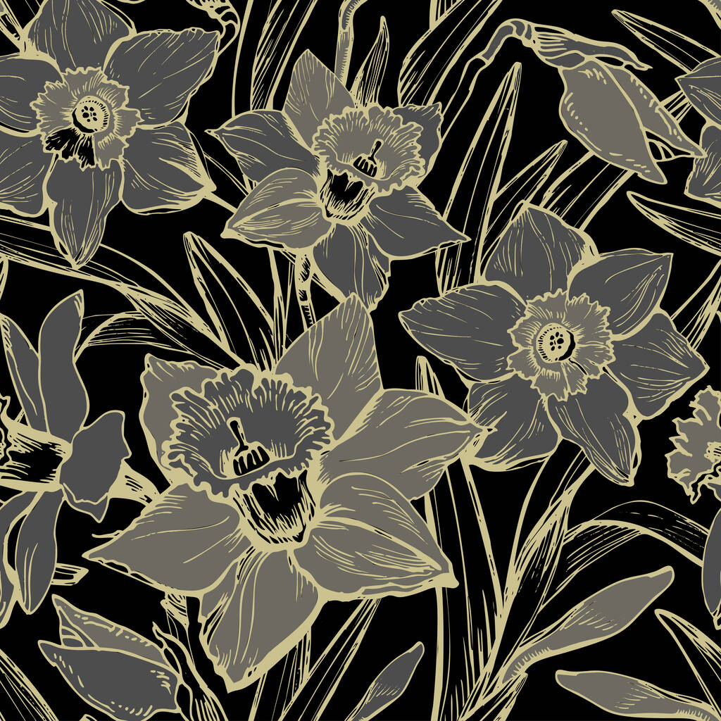 Монохромный ботанический бесшовный рисунок с нарисованным вручную крупным планом цветов нарциссов. - Вектор,изображение