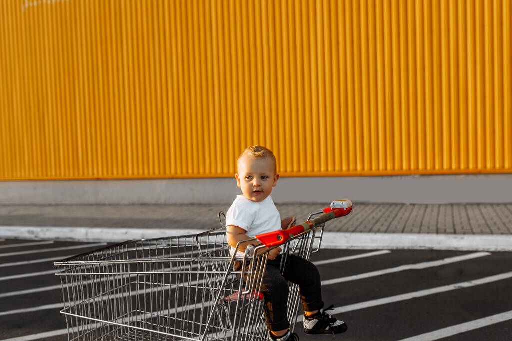 Niño feliz sentado en el carrito de la compra, compras en familia - Foto, Imagen