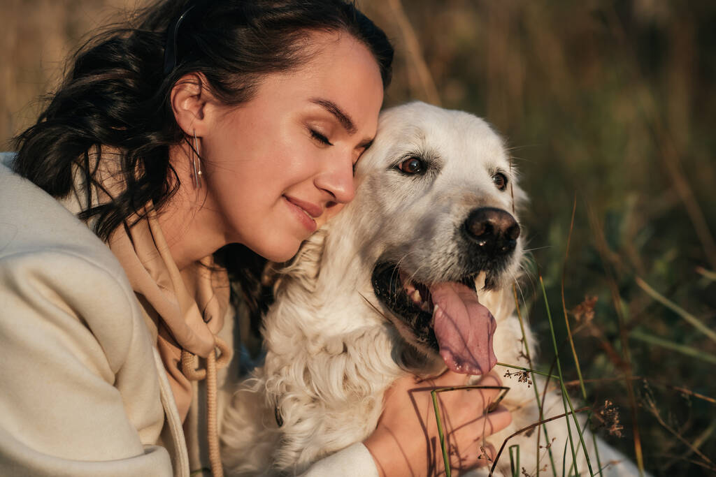 bruna ragazza abbracciando bianco golden retriever nel campo - Foto, immagini