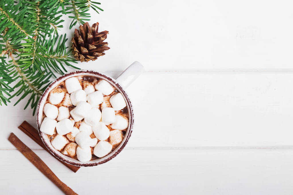 Chocolat chaud avec guimauves dans la tasse sur le fond blanc - Photo, image