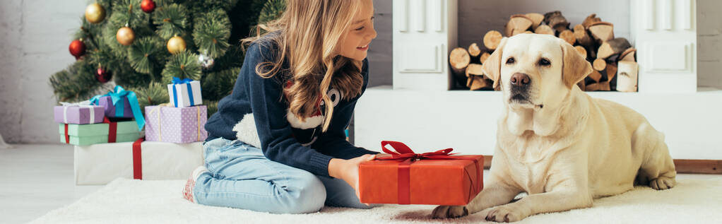 радостный ребенок в свитере сидит рядом с лабрадором и держит Рождество подарок в украшенной гостиной, баннер - Фото, изображение