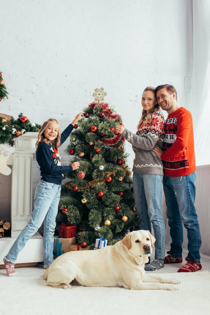 χαρούμενη οικογένεια διακόσμηση χριστουγεννιάτικο δέντρο κοντά στο σκυλί στο σαλόνι - Φωτογραφία, εικόνα