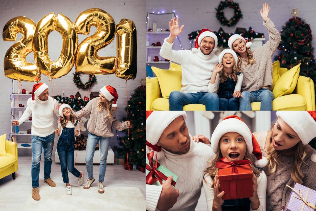 Noel Baba şapkalı mutlu aile kolajı, el sallama, hediyeler ve 2021 numaralı balonların yanında duran dekore edilmiş oturma odasında.  - Fotoğraf, Görsel