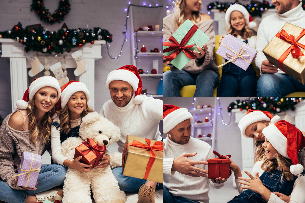 Collage einer fröhlichen Familie in Weihnachtsmützen mit Geschenken im geschmückten Wohnzimmer zu Weihnachten  - Foto, Bild