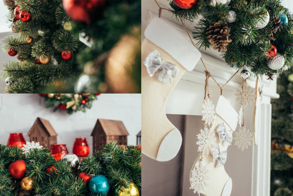 kolaż kolorowych kulek i szyszek sosnowych na jodle przy świątecznych pończochach i kominku - Zdjęcie, obraz