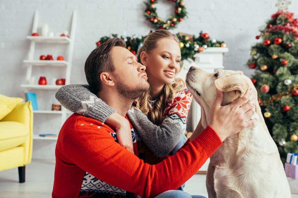 Süslü süveter giyen mutlu adam Noel 'de dekore edilmiş bir dairede eşinin yanında Labrador' a sarılıyor.  - Fotoğraf, Görsel
