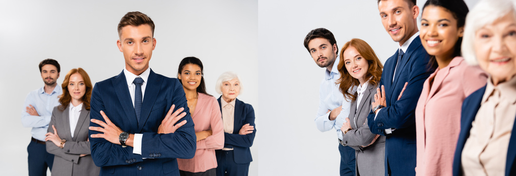 Collage of smiling multiethnic businesspeople with crossed arms looking at camera isolated on grey, banner  - Foto, imagen
