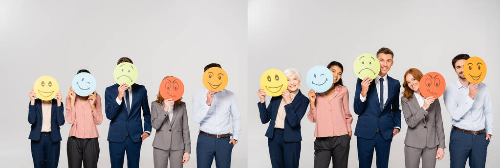 Collage of multicultural businesspeople holding cards with emotions isolated on grey, banner  - 写真・画像