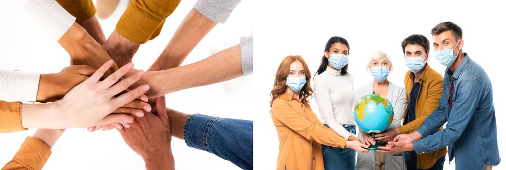 Collage of multiethnic people holding hands and globe while wearing medical masks isolated on white, banner  - Fotoğraf, Görsel