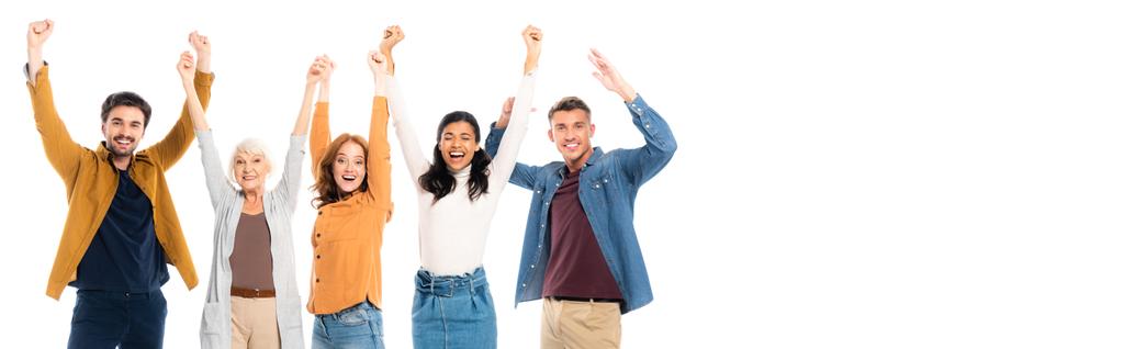 Multicultural people smiling while showing yeah gesture isolated on white, banner  - Φωτογραφία, εικόνα